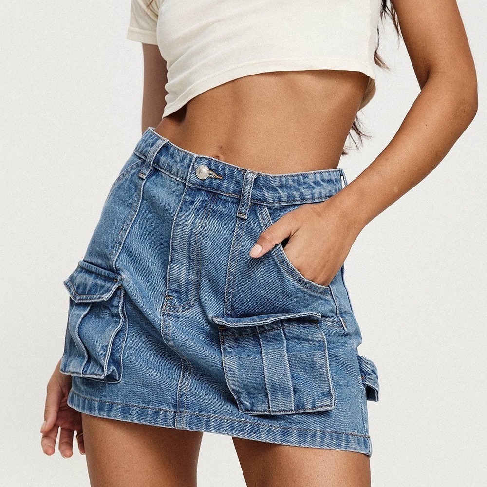 Princess Polly Chillders Denim Mini Skirt‎ Mid Wash Cargo Utility Blue Womens 10